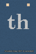 A simulated image of the stitched needlepoint design: Banner 13m Squared th White on Blue. Not A.I. generated.