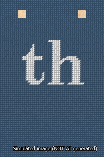 A simulated image of the stitched needlepoint design: Banner 13m Squared th White on Blue. Not A.I. generated.
