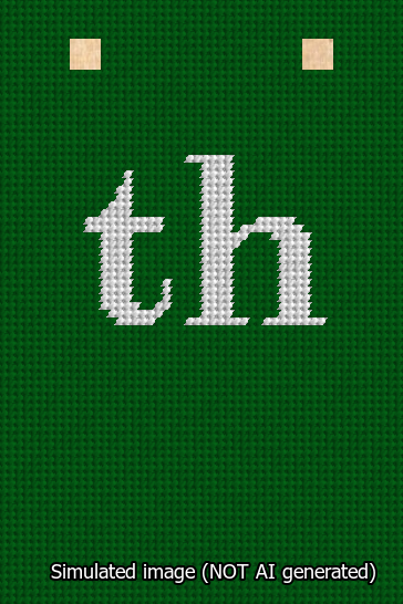 A simulated image of the stitched needlepoint design: Banner 13m Squared th White on Green. Not A.I. generated.