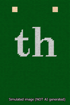 A simulated image of the stitched needlepoint design: Banner 13m Squared th White on Green. Not A.I. generated.