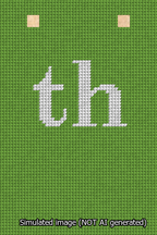 A simulated image of the stitched needlepoint design: Banner 13m Squared th White on Light Green. Not A.I. generated.