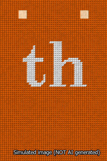 A simulated image of the stitched needlepoint design: Banner 13m Squared th White on Orange. Not A.I. generated.