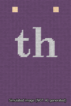 A simulated image of the stitched needlepoint design: Banner 13m Squared th White on Purple. Not A.I. generated.