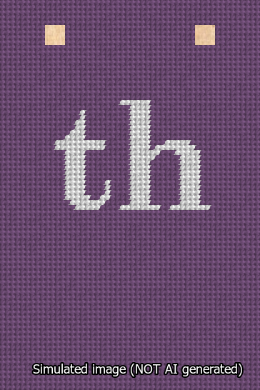 A simulated image of the stitched needlepoint design: Banner 13m Squared th White on Purple. Not A.I. generated.