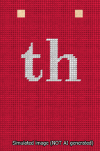 A simulated image of the stitched needlepoint design: Banner 13m Squared th White on Red. Not A.I. generated.
