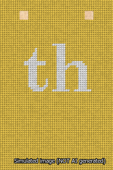 A simulated image of the stitched needlepoint design: Banner 13m Squared th White on Yellow. Not A.I. generated.