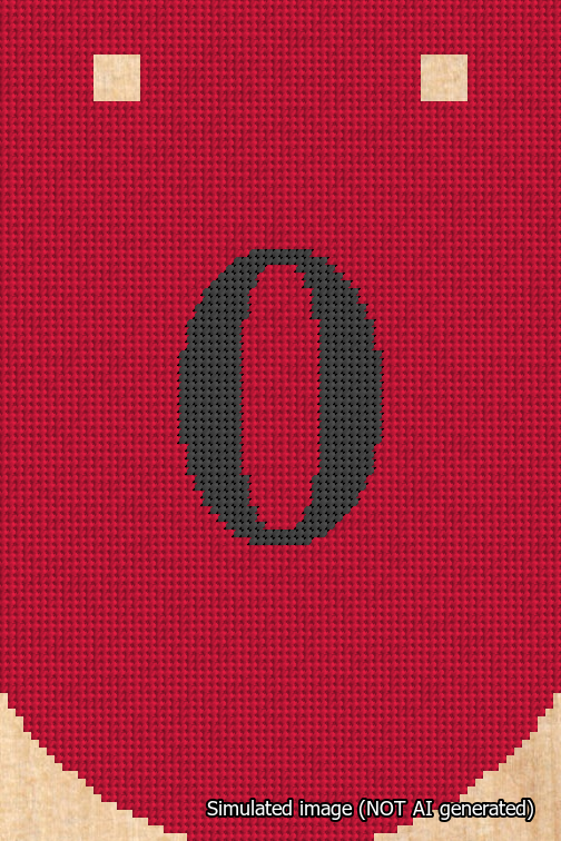 A simulated image of the stitched needlepoint design: Banner 18m Curved 0 Black on Red. Not A.I. generated.