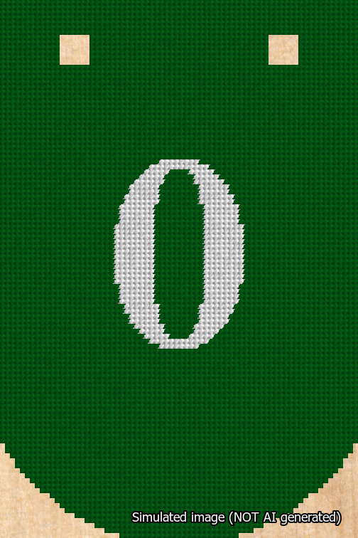 A simulated image of the stitched needlepoint design: Banner 18m Curved 0 White on Green. Not A.I. generated.