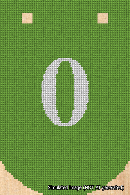 A simulated image of the stitched needlepoint design: Banner 18m Curved 0 White on Light Green. Not A.I. generated.
