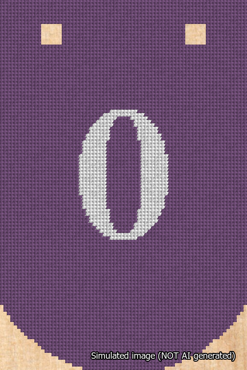A simulated image of the stitched needlepoint design: Banner 18m Curved 0 White on Purple. Not A.I. generated.