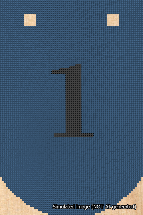 A simulated image of the stitched needlepoint design: Banner 18m Curved 1 Black on Blue. Not A.I. generated.