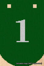 A simulated image of the stitched needlepoint design: Banner 18m Curved 1 White on Green. Not A.I. generated.