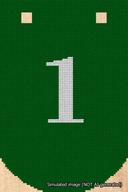 A simulated image of the stitched needlepoint design: Banner 18m Curved 1 White on Green. Not A.I. generated.