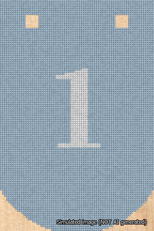A simulated image of the stitched needlepoint design: Banner 18m Curved 1 White on Light Blue. Not A.I. generated.