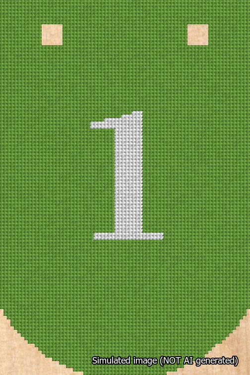 A simulated image of the stitched needlepoint design: Banner 18m Curved 1 White on Light Green. Not A.I. generated.