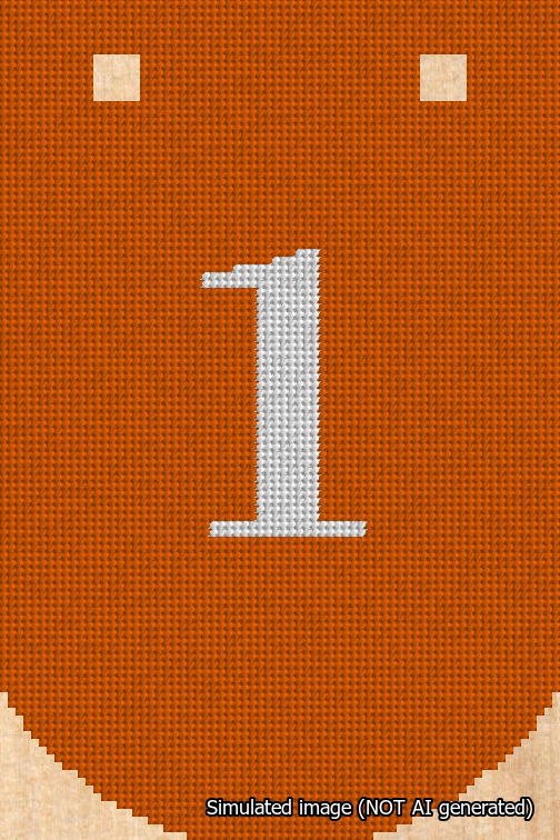 A simulated image of the stitched needlepoint design: Banner 18m Curved 1 White on Orange. Not A.I. generated.