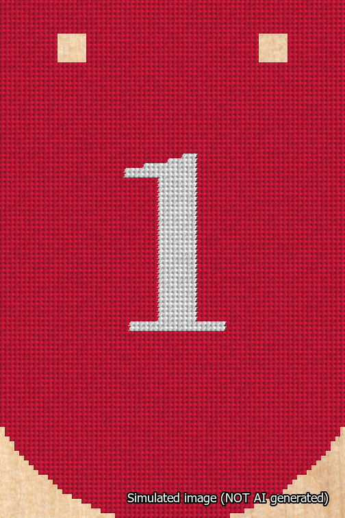 A simulated image of the stitched needlepoint design: Banner 18m Curved 1 White on Red. Not A.I. generated.