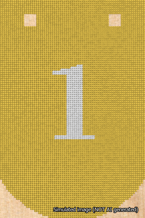 A simulated image of the stitched needlepoint design: Banner 18m Curved 1 White on Yellow. Not A.I. generated.