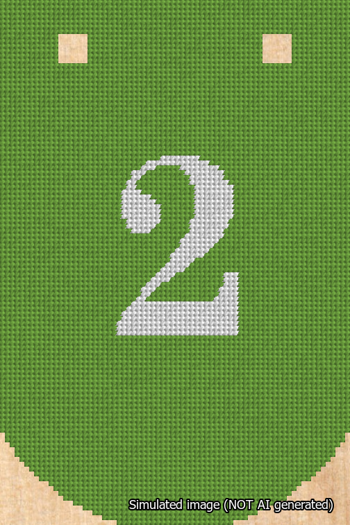 A simulated image of the stitched needlepoint design: Banner 18m Curved 2 White on Light Green. Not A.I. generated.