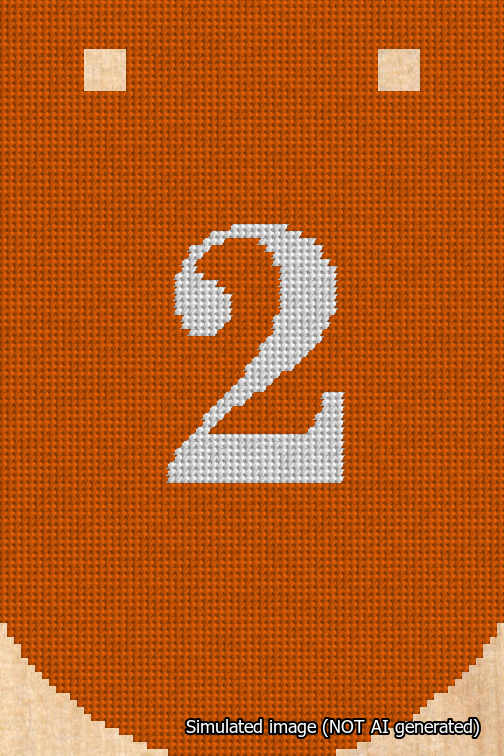 A simulated image of the stitched needlepoint design: Banner 18m Curved 2 White on Orange. Not A.I. generated.