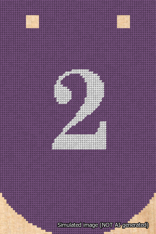 A simulated image of the stitched needlepoint design: Banner 18m Curved 2 White on Purple. Not A.I. generated.