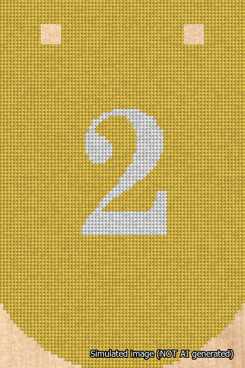 A simulated image of the stitched needlepoint design: Banner 18m Curved 2 White on Yellow. Not A.I. generated.