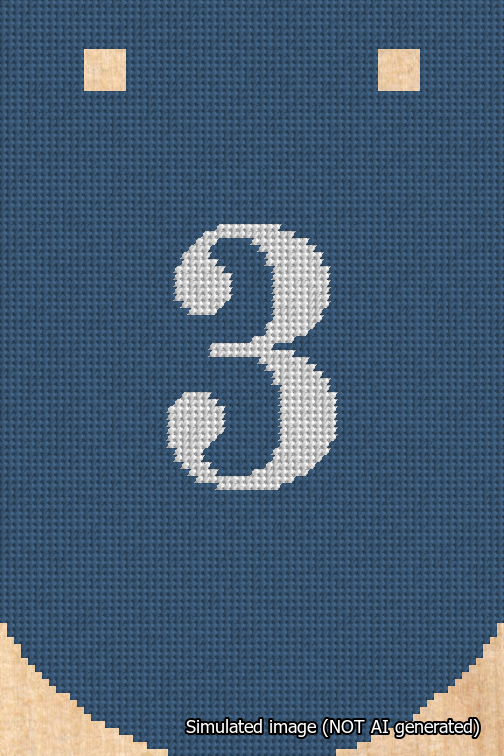 A simulated image of the stitched needlepoint design: Banner 18m Curved 3 White on Blue. Not A.I. generated.