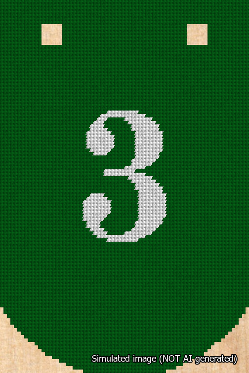 A simulated image of the stitched needlepoint design: Banner 18m Curved 3 White on Green. Not A.I. generated.