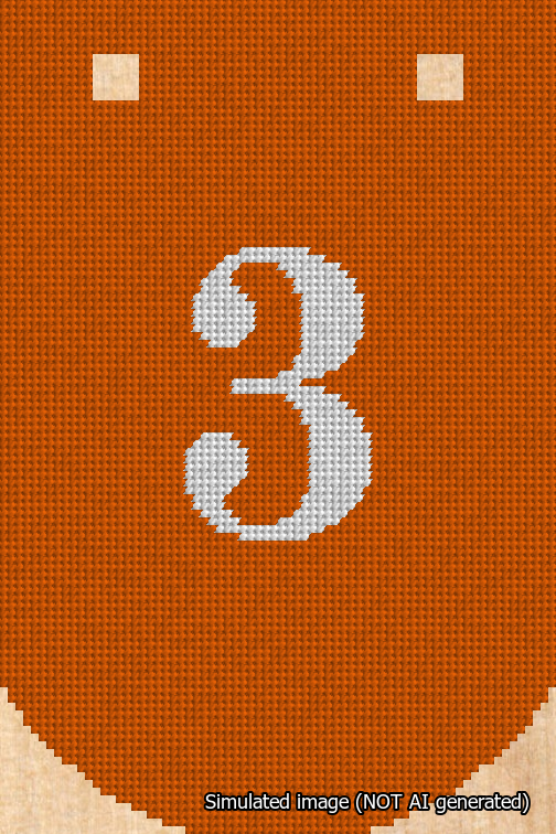 A simulated image of the stitched needlepoint design: Banner 18m Curved 3 White on Orange. Not A.I. generated.