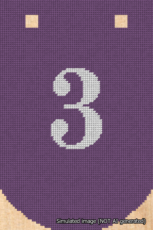 A simulated image of the stitched needlepoint design: Banner 18m Curved 3 White on Purple. Not A.I. generated.