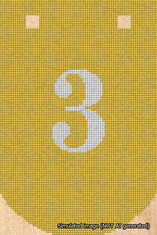 A simulated image of the stitched needlepoint design: Banner 18m Curved 3 White on Yellow. Not A.I. generated.