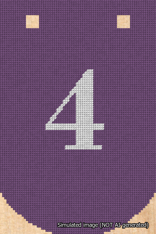 A simulated image of the stitched needlepoint design: Banner 18m Curved 4 White on Purple. Not A.I. generated.