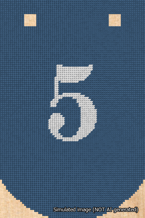 A simulated image of the stitched needlepoint design: Banner 18m Curved 5 White on Blue. Not A.I. generated.