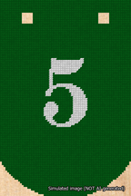 A simulated image of the stitched needlepoint design: Banner 18m Curved 5 White on Green. Not A.I. generated.