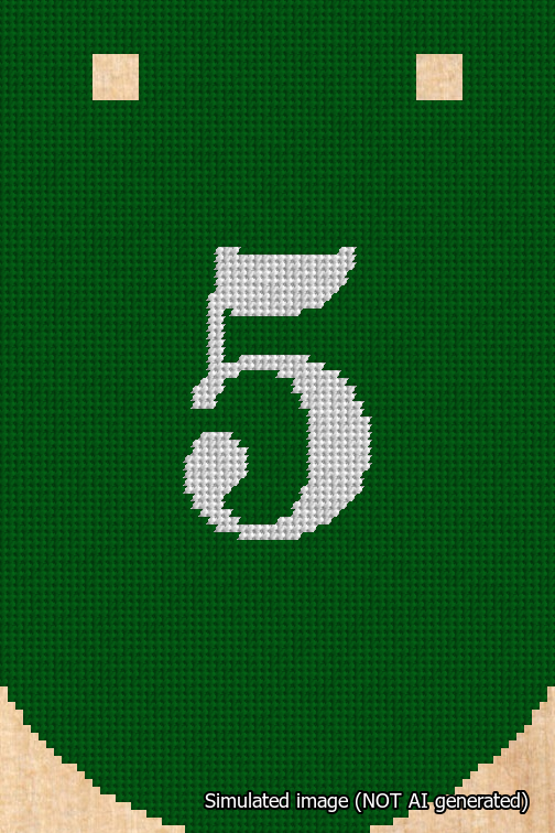 A simulated image of the stitched needlepoint design: Banner 18m Curved 5 White on Green. Not A.I. generated.