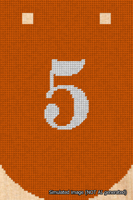 A simulated image of the stitched needlepoint design: Banner 18m Curved 5 White on Orange. Not A.I. generated.