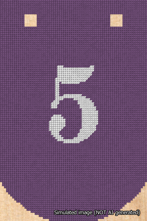 A simulated image of the stitched needlepoint design: Banner 18m Curved 5 White on Purple. Not A.I. generated.