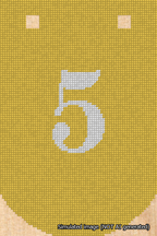 A simulated image of the stitched needlepoint design: Banner 18m Curved 5 White on Yellow. Not A.I. generated.