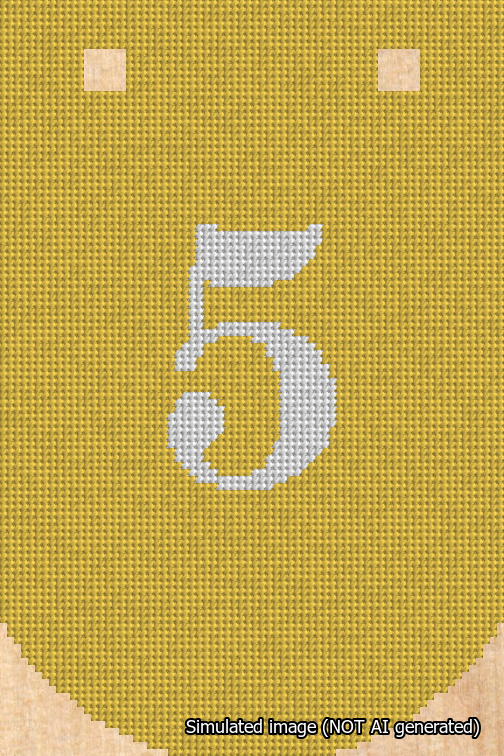 A simulated image of the stitched needlepoint design: Banner 18m Curved 5 White on Yellow. Not A.I. generated.