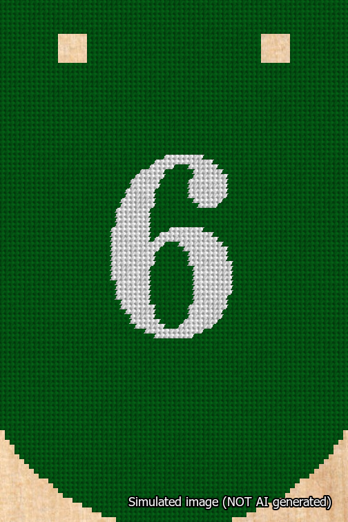 A simulated image of the stitched needlepoint design: Banner 18m Curved 6 White on Green. Not A.I. generated.