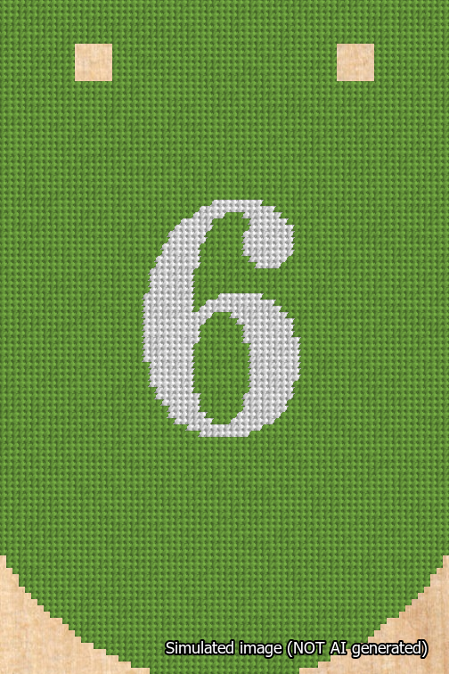 A simulated image of the stitched needlepoint design: Banner 18m Curved 6 White on Light Green. Not A.I. generated.