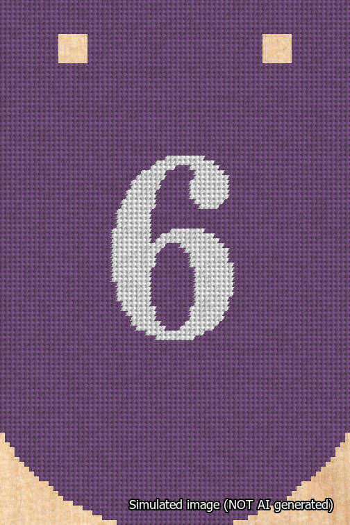 A simulated image of the stitched needlepoint design: Banner 18m Curved 6 White on Purple. Not A.I. generated.