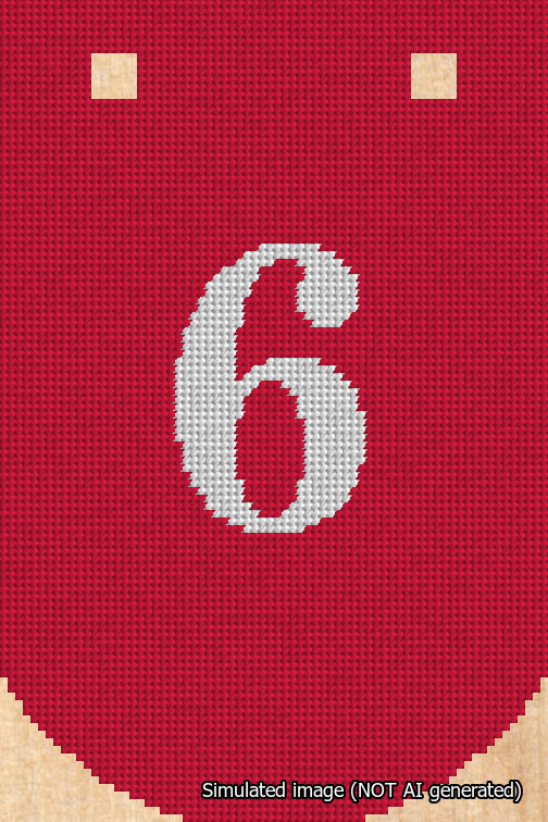 A simulated image of the stitched needlepoint design: Banner 18m Curved 6 White on Red. Not A.I. generated.