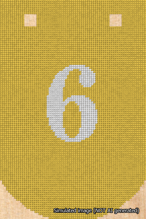 A simulated image of the stitched needlepoint design: Banner 18m Curved 6 White on Yellow. Not A.I. generated.