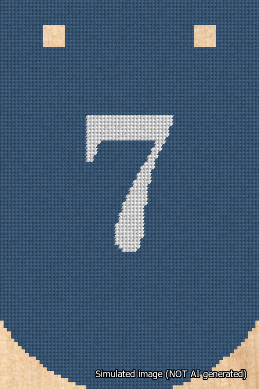 A simulated image of the stitched needlepoint design: Banner 18m Curved 7 White on Blue. Not A.I. generated.