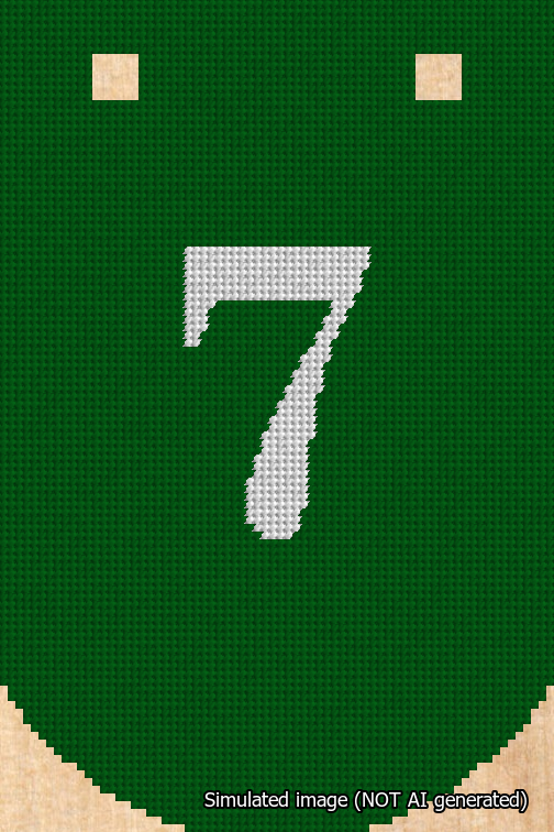 A simulated image of the stitched needlepoint design: Banner 18m Curved 7 White on Green. Not A.I. generated.