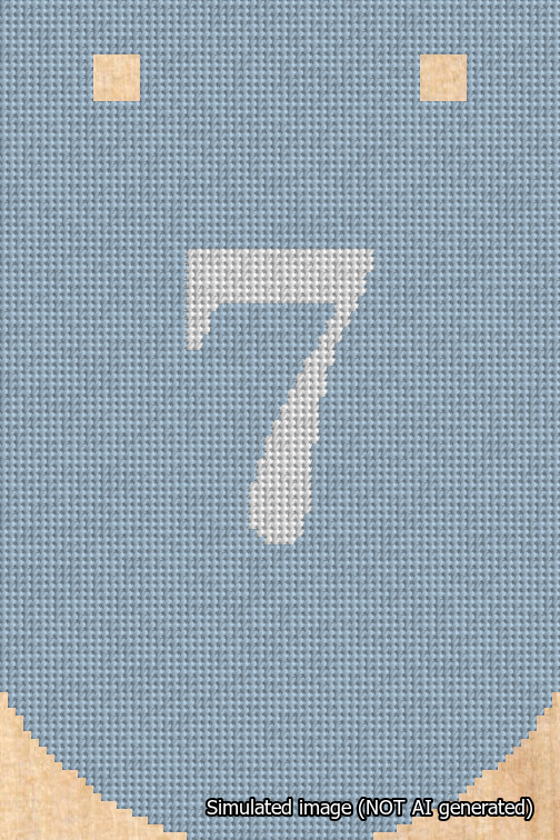 A simulated image of the stitched needlepoint design: Banner 18m Curved 7 White on Light Blue. Not A.I. generated.