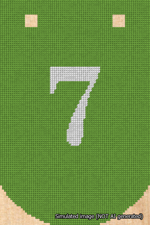 A simulated image of the stitched needlepoint design: Banner 18m Curved 7 White on Light Green. Not A.I. generated.