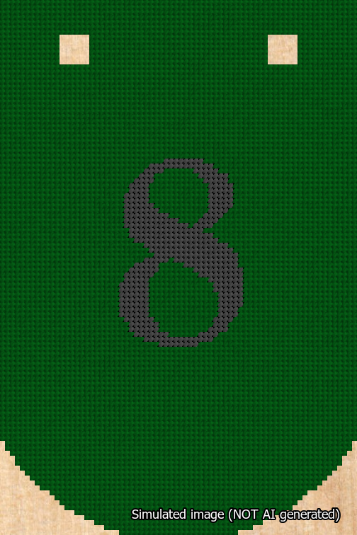 A simulated image of the stitched needlepoint design: Banner 18m Curved 8 Black on Green. Not A.I. generated.