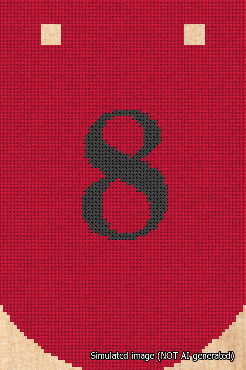 A simulated image of the stitched needlepoint design: Banner 18m Curved 8 Black on Red. Not A.I. generated.